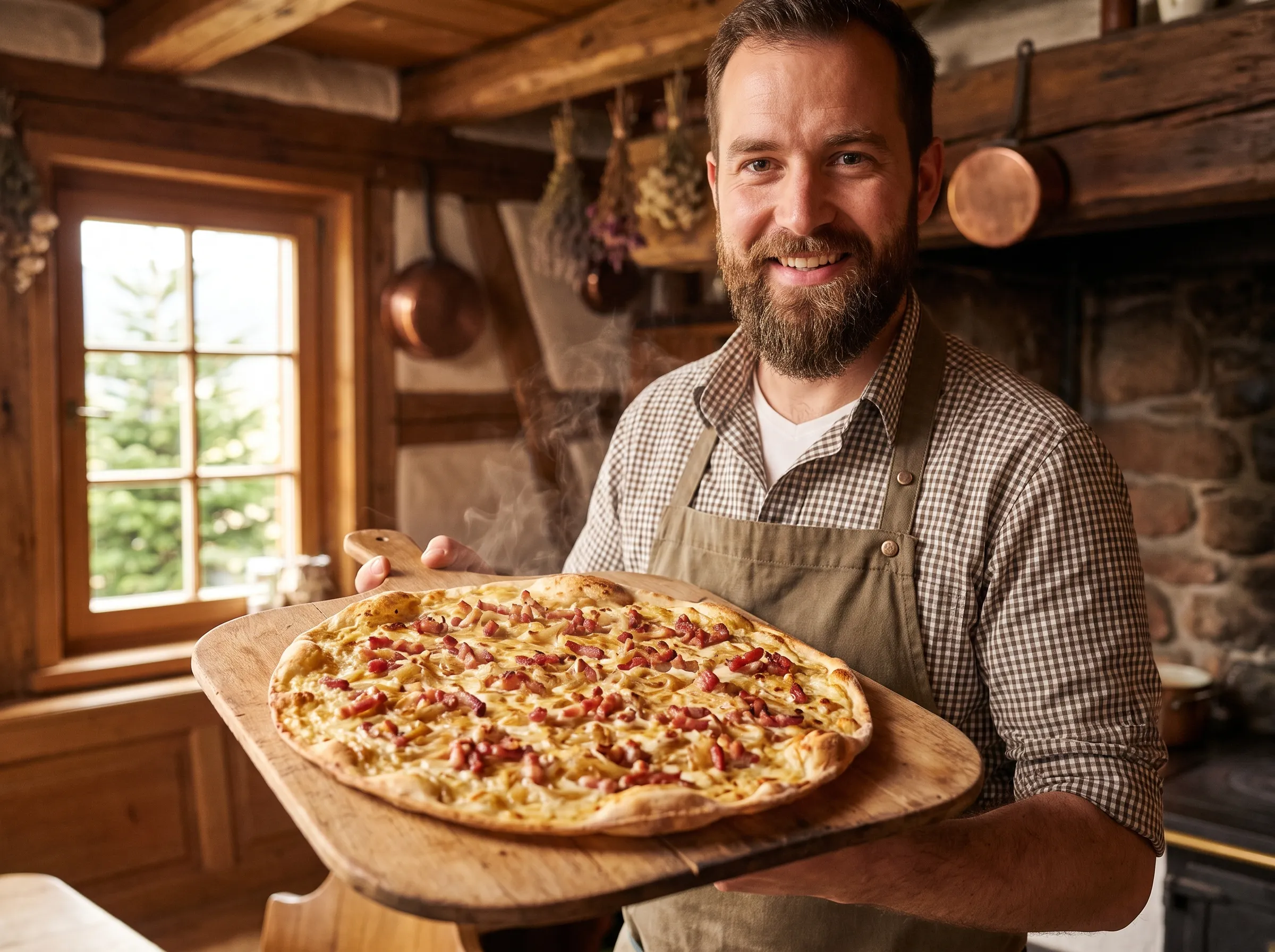 Koch präsentiert einen frisch gebackenen Flammkuchen